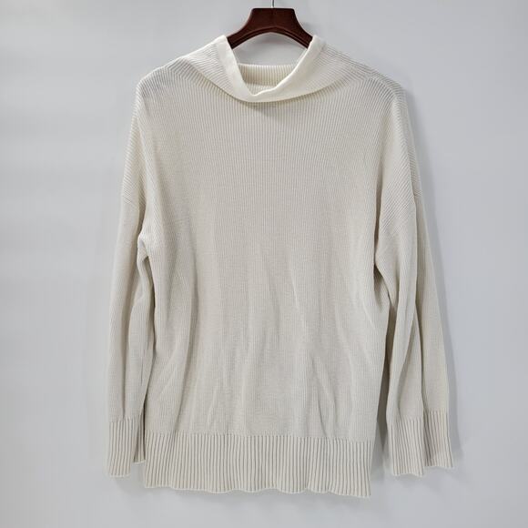 T by Talbots Womens Sweater Large Ivory Drawstring Cowlneck Waffle Knit Pullover - Picture 12 of 13